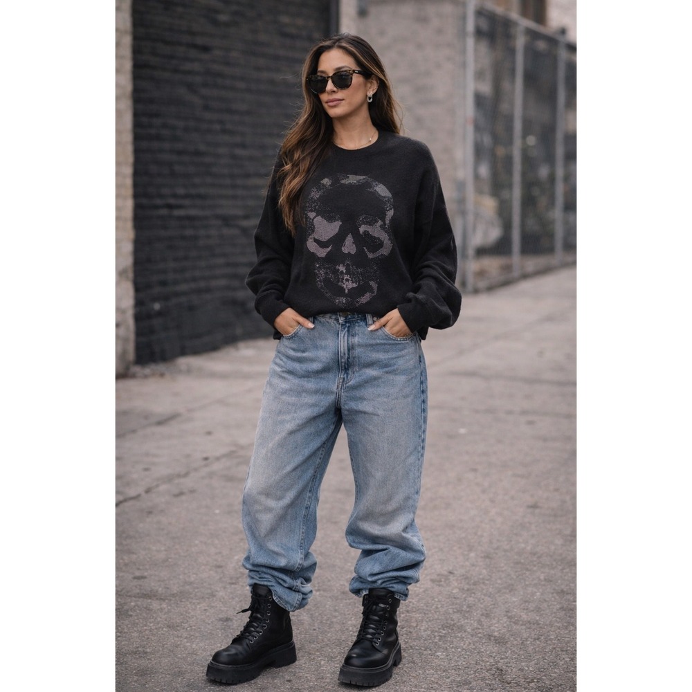 ZADIG&VOLTAIRE Skull Black Sweatshirt Gold Embellishment Raglan Sleeve Size S